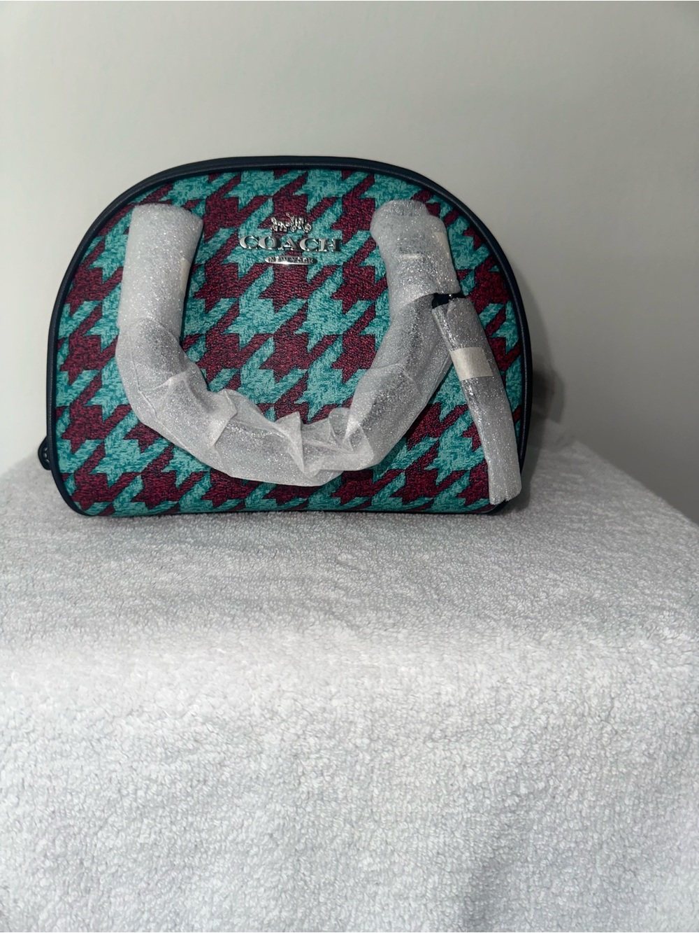 Coach Teal and Burgundy Houndstooth Satchel